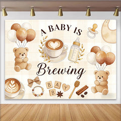 Lofaris Kaffee-Babyparty Hintergrund mit Teddybären und Ballons, gemütliche Kulisse für Baby Shower Fotoshooting