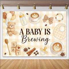 Lofaris Brauner Kaffee Babyparty Hintergrund mit Teddybär Luftballons, charmante karierte Kulisse für Babyankündigung und Fotoshooting