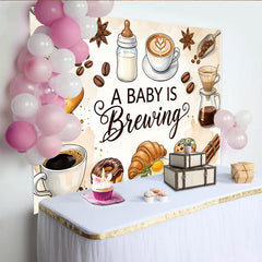 Lofaris Gemütlicher Kaffee Babyparty Hintergrund mit Babyflasche und Frühstücksmotiven, süße Fotowand für Babyankündigung und Feierlichkeiten