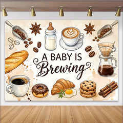 Lofaris Gemütlicher Kaffee Babyparty Hintergrund mit Babyflasche und Frühstücksmotiven, süße Fotowand für Babyankündigung und Feierlichkeiten