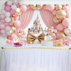 Lofaris Rosa goldener Prinzessinnen-Geburtstagshintergrund, märchenhafte Schloss Kulisse mit Luftballons und Rosen für Mädchenparty