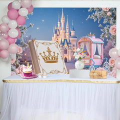 Lofaris Märchenhafter Prinzessinnen-Geburtstagshintergrund mit Schloss und Kutsche, wunderschöne Kulisse für Mädchenparty und Fotoshooting