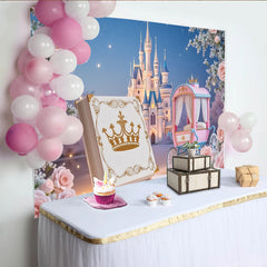 Lofaris Märchenhafter Prinzessinnen-Geburtstagshintergrund mit Schloss und Kutsche, wunderschöne Kulisse für Mädchenparty und Fotoshooting