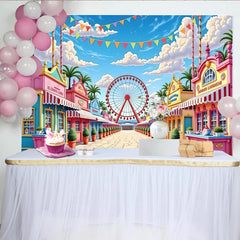 Lofaris Bunter Jahrmarkthintergrund mit Riesenrad und Palmen, fröhliche Kulisse für Kindergeburtstag und Fotoshooting