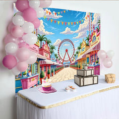 Lofaris Bunter Jahrmarkthintergrund mit Riesenrad und Palmen, fröhliche Kulisse für Kindergeburtstag und Fotoshooting