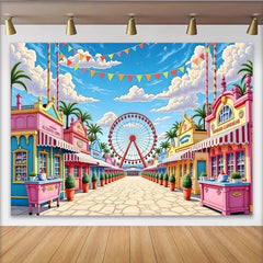 Lofaris Bunter Jahrmarkthintergrund mit Riesenrad und Palmen, fröhliche Kulisse für Kindergeburtstag und Fotoshooting