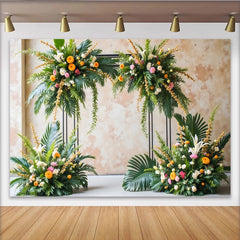 Lofaris Tropischer Fotohintergrund mit Palmenblättern und bunten Blüten, elegante Kulisse für Studiofotografie und Eventdekoration
