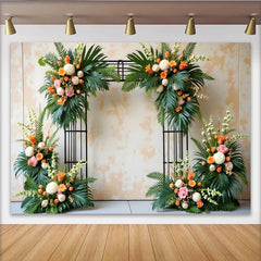 Lofaris Grüner Hochzeitsblumenbogen Hintergrund mit tropischen Blättern, elegante Kulisse für Verlobung und Fotoshooting