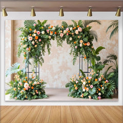 Lofaris Blumenbogenhintergrund mit rosa pfirsichfarbenen Blüten, romantische Kulisse für Hochzeiten und Fotoshootings