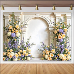Lofaris Eleganter Blumenbogenhintergrund mit weißen Bögen und zarten Rosen, romantische Kulisse für Hochzeitsfeier und Porträtfotografie