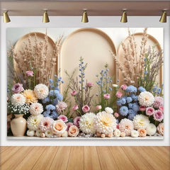 Lofaris Eleganter Blumenbogen Hintergrund mit Dahlien und Rosen in Pastell, wunderschöne Fotokulisse für Eventdekoration und Porträts