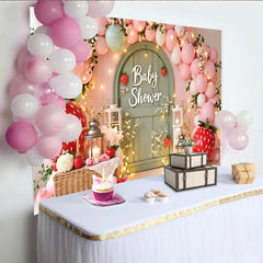 Lofaris Rosa Erdbeerblumen Babypartyhintergrund mit Luftballons und Lichterketten, charmante Fotowand für süße Babyparty-Dekoration