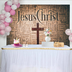 Lofaris Vintage Christlicher Fotohintergrund mit Holzkreuz und Namen Jesu, spirituelle Wortwolken Kulisse für Kirchenfotografie