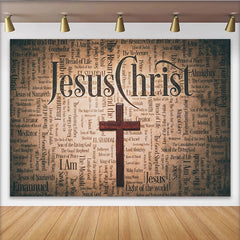 Lofaris Vintage Christlicher Fotohintergrund mit Holzkreuz und Namen Jesu, spirituelle Wortwolken Kulisse für Kirchenfotografie