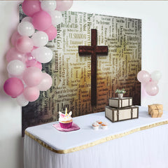 Lofaris Spiritueller Christlicher Hintergrund mit Holzkreuz und spirituellen Worten, andächtige Kulisse für Kirchenveranstaltungen und Porträts