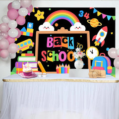 Lofaris Bunter Schulanfang Hintergrund mit Tafel, Büchern und Stiften, fröhliche Fotowand für Einschulungsfeier und Kinderfotos
