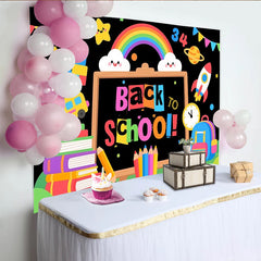 Lofaris Bunter Schulanfang Hintergrund mit Tafel, Büchern und Stiften, fröhliche Fotowand für Einschulungsfeier und Kinderfotos