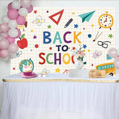 Lofaris Bunter Schulanfangshintergrund mit Eule Apfel und Schulbus, fröhliche Fotowand für Kinderfotos und Klassenzimmerdekoration