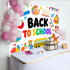 Lofaris Bunter Schulanfangshintergrund mit Eule, Schulbus und Zug für Kinder, fröhliche Dekoration für Einschulungsfeier und Fotostudio