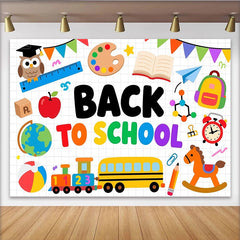 Lofaris Bunter Schulanfangshintergrund mit Eule, Schulbus und Zug für Kinder, fröhliche Dekoration für Einschulungsfeier und Fotostudio