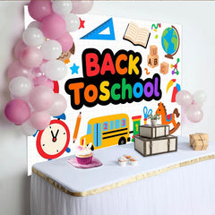Lofaris Bunter Einschulungshintergrund mit Schulbus Eule ABC Blöcken, fröhliche Fotowand für Schulanfangsparty Dekoration