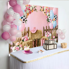 Lofaris Rosa Blau Cowgirl Babyparty Hintergrund mit Heuballen und Zaun, wunderschöne Fotowand für Mädchen Party Dekoration