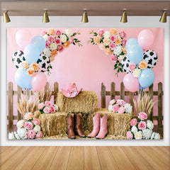 Lofaris Rosa Blau Cowgirl Babyparty Hintergrund mit Heuballen und Zaun, wunderschöne Fotowand für Mädchen Party Dekoration