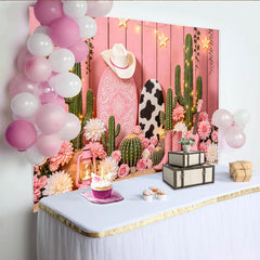 Lofaris Rosa Western Fotohintergrund mit Kakteen und Cowboyhut, rustikale Kulisse für Mädchen Fotoshooting und Partydekoration