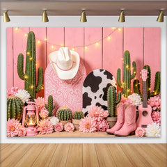 Lofaris Rosa Western Kaktus Hintergrund mit Cowboyhut und Stiefeln, rustikale Kulisse für Fotoshooting und Partydekoration