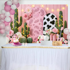 Lofaris Rosa Cowgirl-Western-Hintergrund mit Kakteen und Cowboy-Stiefeln, Boho-Fotowand für Mädchenparty und Fotoshooting