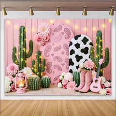 Lofaris Rosa Cowgirl-Western-Hintergrund mit Kakteen und Cowboy-Stiefeln, Boho-Fotowand für Mädchenparty und Fotoshooting