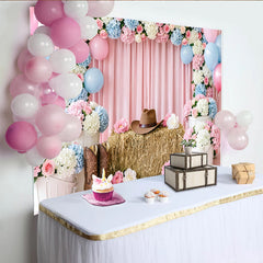 Lofaris Rosa blauer Western Babyparty Hintergrund mit Blumen Luftballons Cowboyhut und Stiefeln, süße Geschlechtsenthüllung Fotokulisse