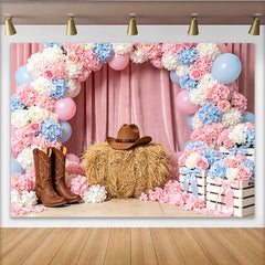 Lofaris Pastellfarbener Western Babyparty Hintergrund mit Blumen und Luftballons, elegante Fotowand für Gender Reveal oder Fotoshooting
