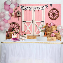 Lofaris Rosa Western Scheunenwand Hintergrund mit Heuballen und Cowboyhut, rustikale Fotowand für Fotoshooting und Landhaus-Dekoration