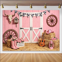 Lofaris Rosa Western Scheunenwand Hintergrund mit Heuballen und Cowboyhut, rustikale Fotowand für Fotoshooting und Landhaus-Dekoration