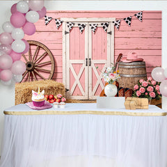 Lofaris Rosa Western Fotohintergrund mit Kuhflecken und Cowboyhut, rustikale Scheunentür Kulisse für Fotoshooting und Eventdekoration