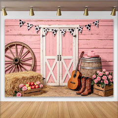 Lofaris Rosa Western Fotohintergrund mit Kuhflecken und Cowboyhut, rustikale Scheunentür Kulisse für Fotoshooting und Eventdekoration