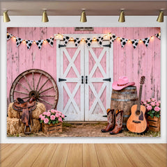 Lofaris Rosa Western-Hintergrund mit Kuhflecken-Girlande und Cowboyhut für Mädchen, rustikale Country-Kulisse für Partydekoration