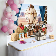 Lofaris Cowboy Geburtstagshintergrund mit Heißluftballon und Sheriffsternen, Western Kulisse für Kinderparty und Fotoshooting