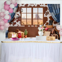 Lofaris Rustikaler Wildwest Fotohintergrund mit Kuhfellmuster und Wüstenlandschaft, Vintage Kulisse für Fotoshootings und Cowboy-Partys