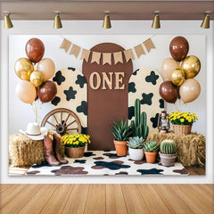 Lofaris Brauner Western 1. Geburtstag Hintergrund mit Kuhfellmuster und Ballons, rustikale Fotowand für Jungen Partydekoration und Fotoshooting