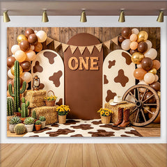 Lofaris Rustikaler Cowboy 1. Geburtstag Hintergrund mit Kuhflecken und Ballons, braune Western-Kulisse für Partydekoration