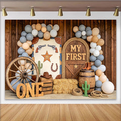 Lofaris Western-Geburtstagshintergrund erster Geburtstag mit Luftballons und Cowboy-Motiven, rustikale Kulisse für Fotoshooting und Party