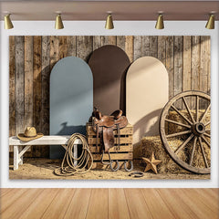 Lofaris Rustikaler Western Fotohintergrund mit Holzstruktur Sattel Wagenrad, perfekte Kulisse für Fotoshootings und Eventdekoration