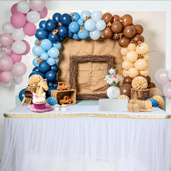 Lofaris Blau-brauner Wald-Babypartyhintergrund für Jungen mit Holzspielzeug, rustikale Fotowand mit Ballons für Babyparty-Fotoshooting