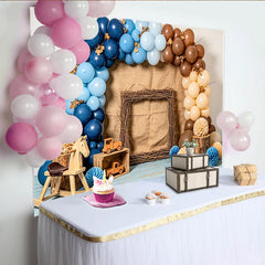 Lofaris Blau-brauner Wald-Babypartyhintergrund für Jungen mit Holzspielzeug, rustikale Fotowand mit Ballons für Babyparty-Fotoshooting
