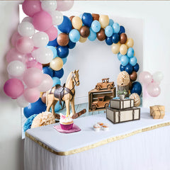 Lofaris Rustikaler Babyparty Hintergrund mit Luftballons und Holzspielzeug, natürliche Fotokulisse für Babyfotografie und Feierdekoration
