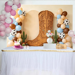 Lofaris Western Babyparty Hintergrund mit Cowboy-Stiefel und Kuhflecken-Ballons, rustikale Fotowand für Kindergeburtstag und Fotoshooting