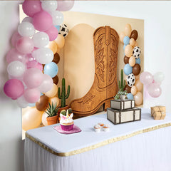 Lofaris Western Babyparty Hintergrund mit Cowboy-Stiefel und Kuhflecken-Ballons, rustikale Fotowand für Kindergeburtstag und Fotoshooting