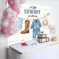 Lofaris Rustikaler Cowboy Babyparty Hintergrund mit Stiefeln, Hut und Denim für Jungen, niedliche Fotowand für Baby Shower Dekoration